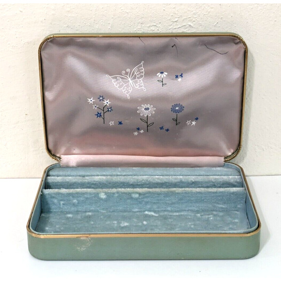 Vintage Farrington Jewelry Box Hinged Genuine‎ Felt Lined Green Floral - Picture 1 of 7